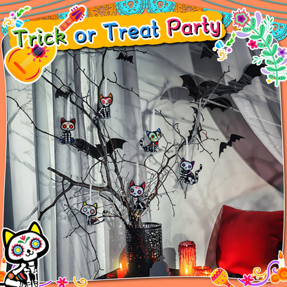 Remagr 12 Pcs Dia De Los Muertos Cat Felt Ornaments, Day of The Dead Cat Skeleton Hanging Halloween Ornaments for Mexcian Themed Party School Bags Indoor Outdoor Tree Hanging Decorations