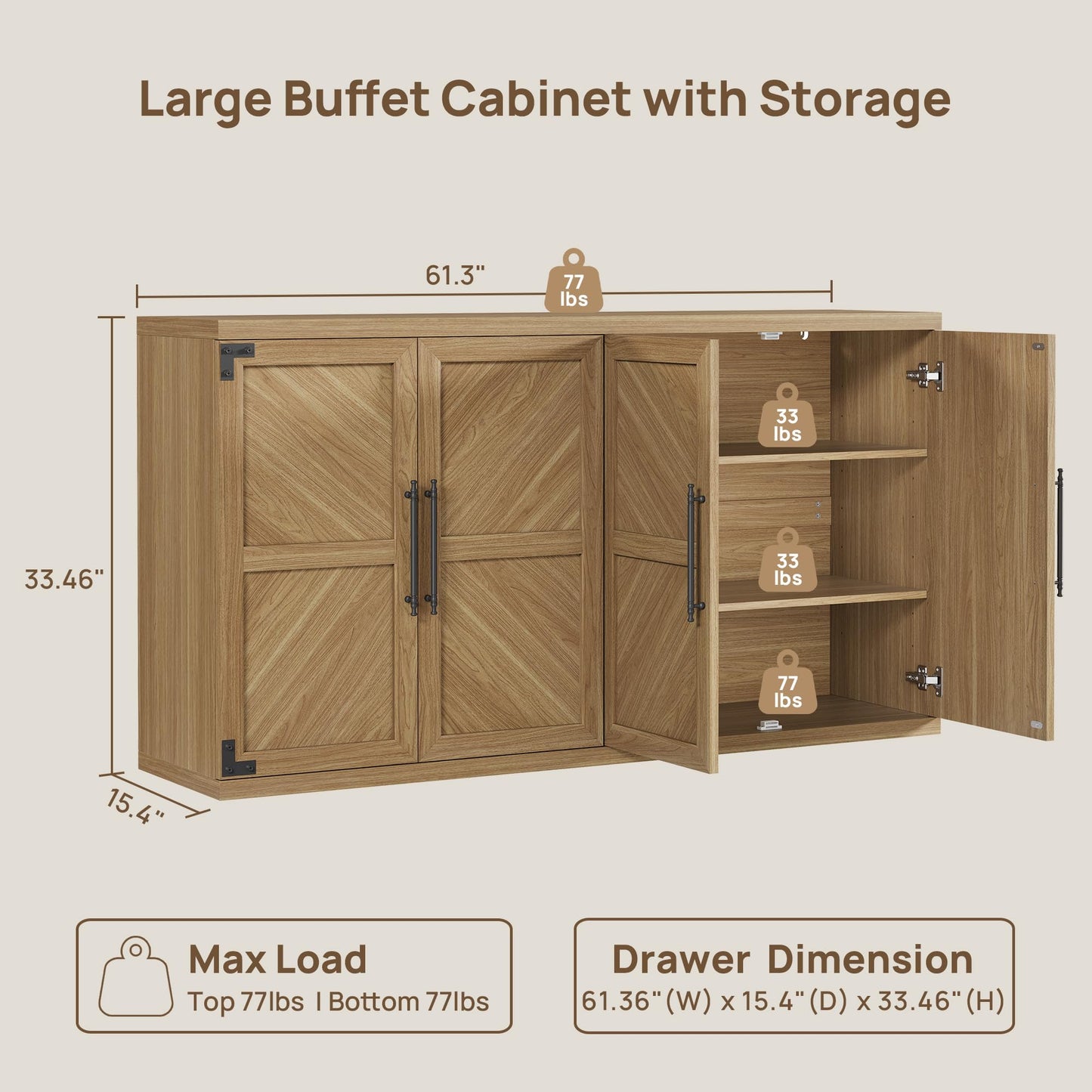 SICOTAS Buffet Cabinet with 4 Doors, Modern Sideboard Cabinet with Storage and Adjustable Shelves, Large Credenza Storage Cabinet (1, Oak Brown)