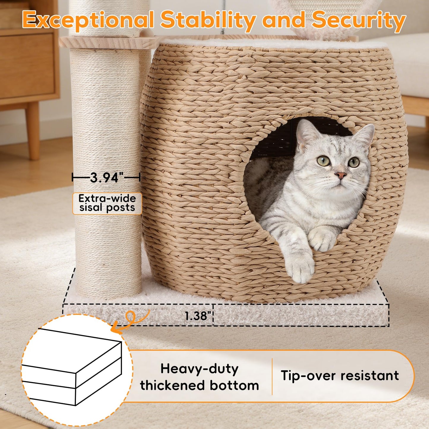 EMUST Luxury Modern Cat Tree Tower 50IN - Heavy-Duty Multi-Level Cat Condo with Extra-Large Hand-Woven Rattan Bed & Thickened Scratching Post for Indoor Cats Large Adult
