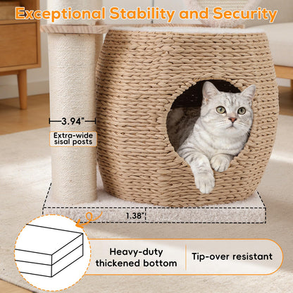 EMUST Luxury Modern Cat Tree Tower 50IN - Heavy-Duty Multi-Level Cat Condo with Extra-Large Hand-Woven Rattan Bed & Thickened Scratching Post for Indoor Cats Large Adult