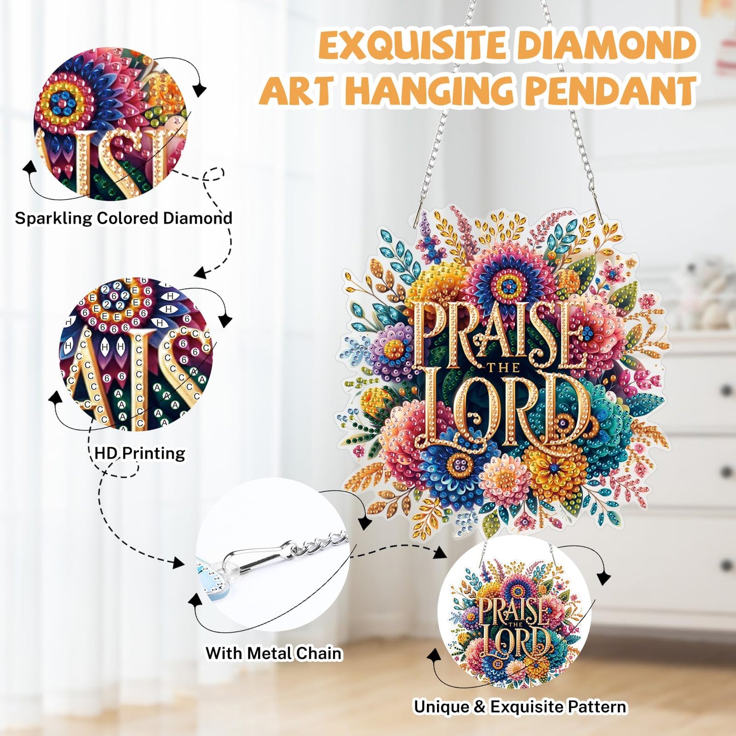 Bowetile Praise The Lord Diamond Art Hanging Kits for Adults, Diamond Art Suncatchers Easter, 5D Special Shape Diamond Painting Pendant Window Ornament Gifts for Home Wall Garden Decor