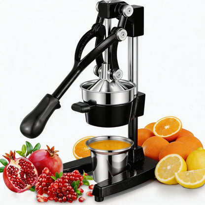 Gowintech Commercial Heavy Duty Cast Iron Hand Press Manual Orange Citrus Lemon Lime Grapefruit Pomegranate Fruit Juice Squeezer Machine with Stainless Steel Cup Black