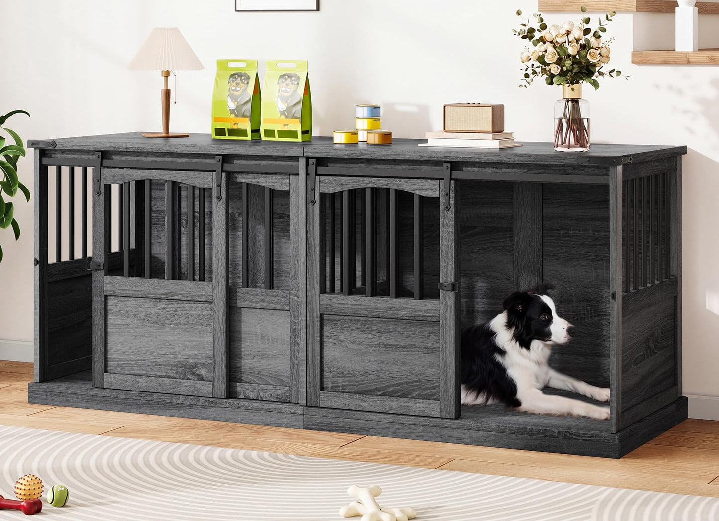 Homiflex Double Dog Crate Furniture with Barn Sliding Doors, 72" Large Dog Kennel Furniture Indoor with Divider for 2 Medium Large Dogs, Heavy Duty Wooden Dog Cage Decorative TV Stand, Grey