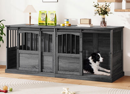 Homiflex Double Dog Crate Furniture with Barn Sliding Doors, 72" Large Dog Kennel Furniture Indoor with Divider for 2 Medium Large Dogs, Heavy Duty Wooden Dog Cage Decorative TV Stand, Grey