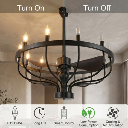 Fiqevs 32-inch Farmhouse Chandelier Fan with Remote Control, DC Motor, 12 LED Lights, Reversible Quiet Operation, Industrial Black Wagon Wheel Rustic Ceiling Fan for Bedroom and Living Room