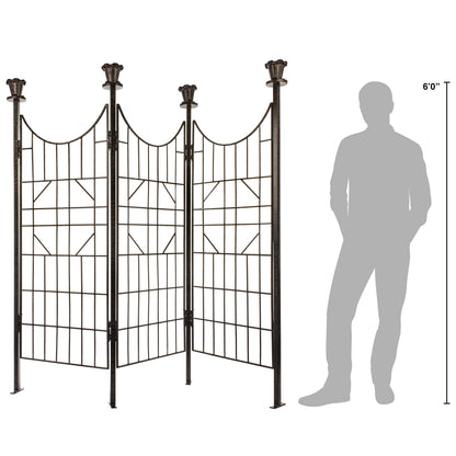 H Potter 3-Panel Outdoor Privacy Screen Trellis, 7 ft W x 6.5 ft H, 70-lb Heavy Iron Garden Screen for Patio, Deck & Hot Tub, Straight or Curved Config, Ground Spikes