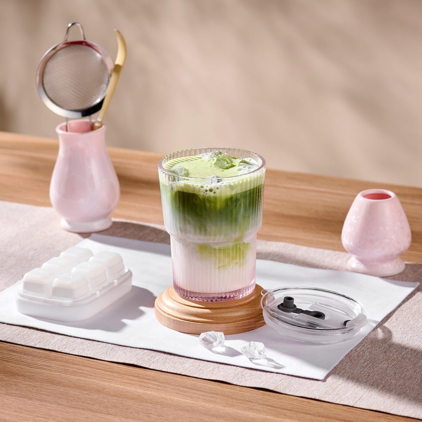 ComboJoy Matcha Whisk Set – Crystalline Glaze Bowl, Bamboo Whisk & Holder, Scoop & Sifter with Holder, Cup with Lid & Straw, Ice Cube Tray & Tea Towel – Pink Matcha Gift Set for Women, Women Gifts