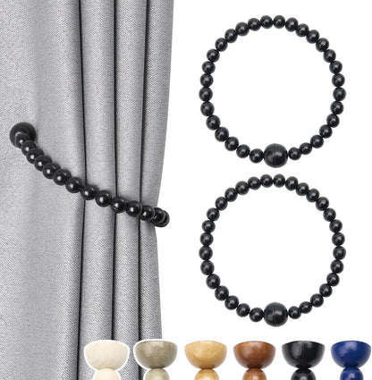 NICEEC 2 Pack Wood Bead Curtain Tiebacks, Strong Magnetic Natural Wooden Beaded Holdbacks for Draperies