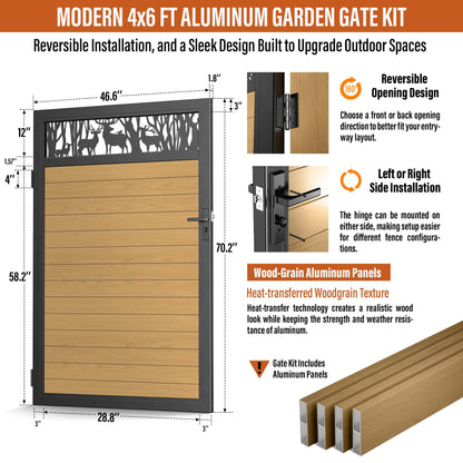 TORMIZ 4x6 FT (46.8"x70.8") All-Aluminum Fence Gate Kit with Wood-Grain Panels – Heavy Duty Anti-Sag Metal Gate Frame, Pre-Installed Left/Right Mount (All-in-One Kit, Panels Included)