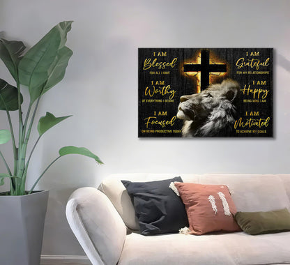 Motivational Lion Cross Canvas Wall Art Cross Christian Lion Wall Decor Pictures Painting Inspirational Affirmations Posters Prints Artwork for Living Office Home Decoration 12x16in