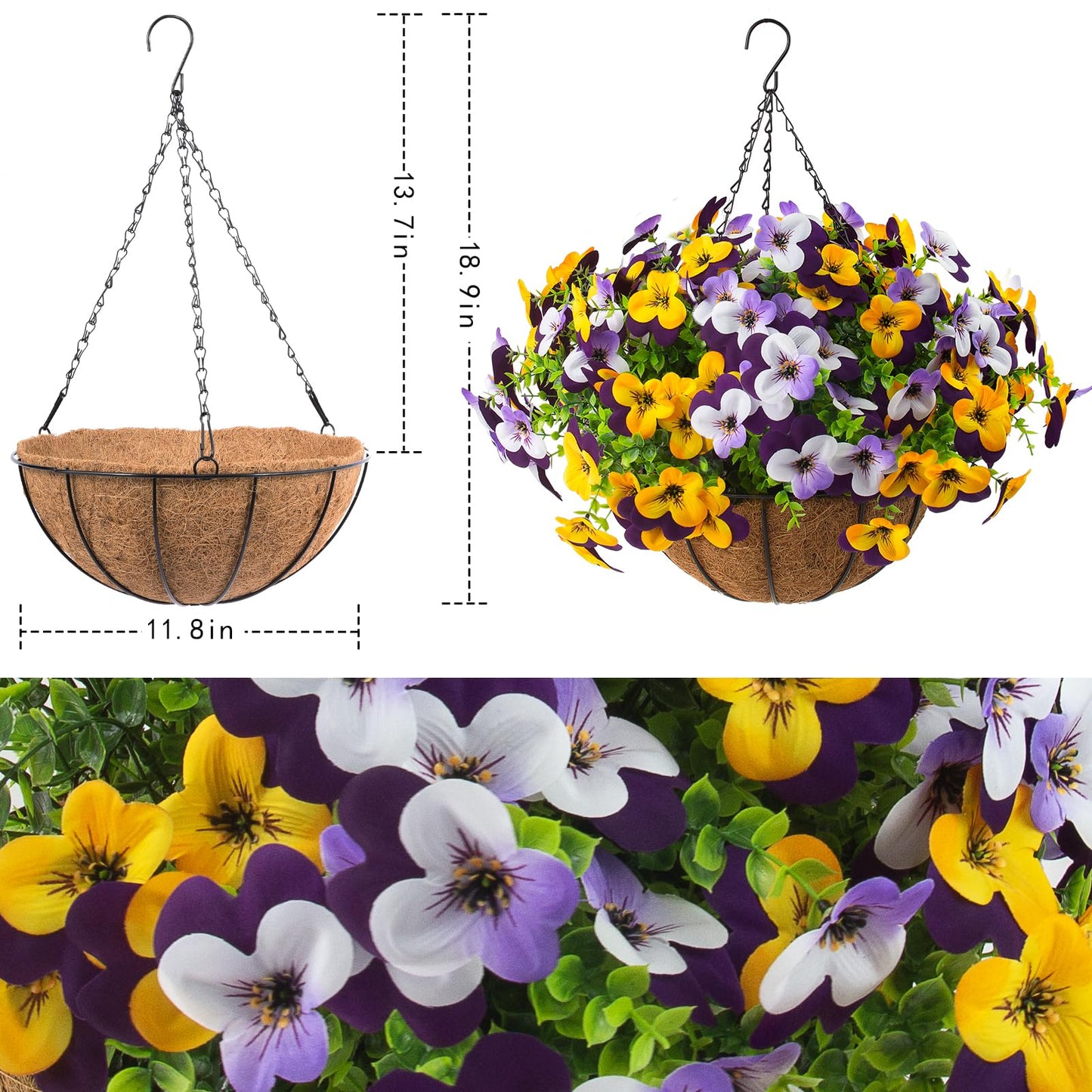 2 Set Artificial Outdoor Pansy Flowers with Hanging Baskets, 2 Hanging Baskets with 24 Pcs Silk Flowers for Spring Easter Decorations Porch Patio Home Decor (2, Purple, Yellow, White, Light Purple)