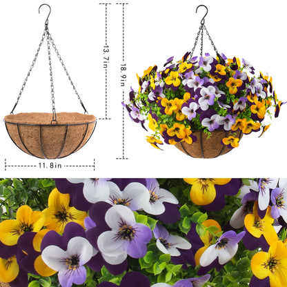 2 Set Artificial Outdoor Pansy Flowers with Hanging Baskets, 2 Hanging Baskets with 24 Pcs Silk Flowers for Spring Easter Decorations Porch Patio Home Decor (2, Purple, Yellow, White, Light Purple)