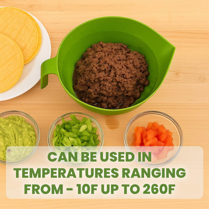 Easy Greasy 3-Piece Colander Grease Strainer Set – Green Grease Separator with Handle, Container & Lid – Strains Bacon, Pasta, Ground Beef – BPA-Free Kitchen Gadget