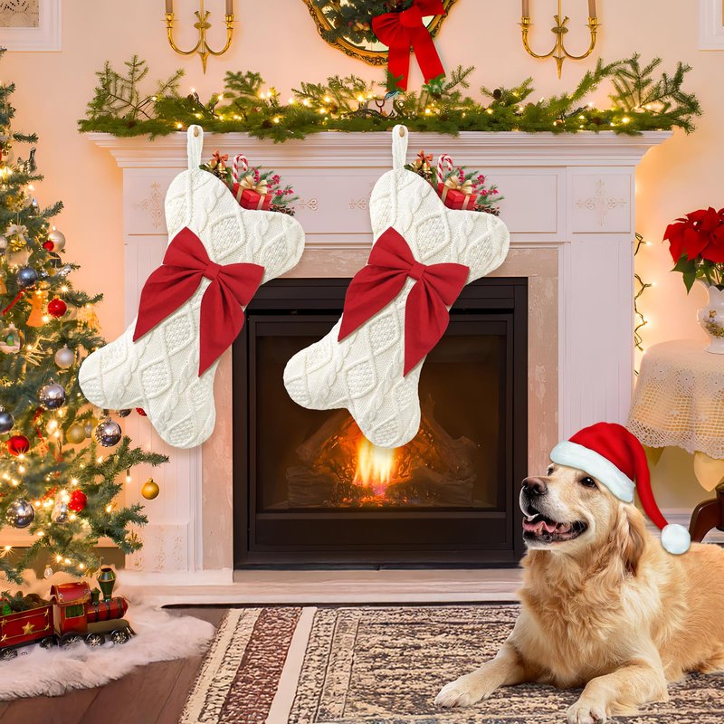 Paulmele Dog Christmas Stocking,Knit Pet White Large Christmas Stocking,Dog Bone Christmas Stockings for Dogs Puppys Pets,Hanging Bone with Bow (Red)