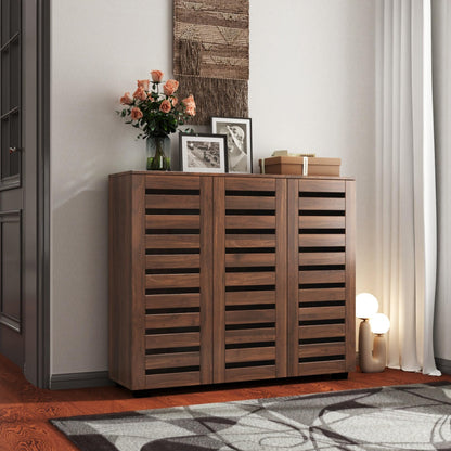 KEIKI 44.88'' Wooden Shoe Cabinet Storage for Entryway with 3 Louvered Door, Freestanding Sideboard Buffet Table Organizer for Hallway, Living Room, Adjustable 4-Tier Shelves, Walnut
