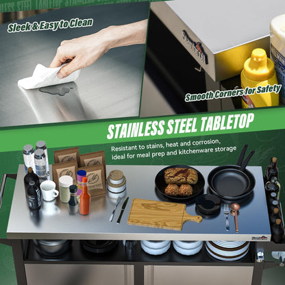Stanbroil Rolling Outdoor Kitchen Island, BBQ Grill Cart with Stainless Steel Table Top, Double-Door Storage Cabinet & Pull-Out Shelf, Grill Table Cart for Outdoor Indoor, Large