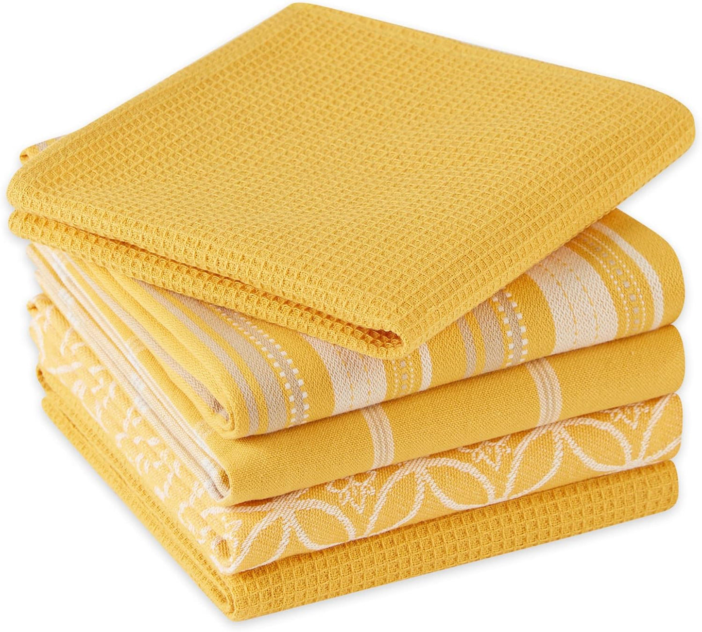 DII Assorted Woven Kitchen Set, 5 Piece - Dishtowel 18x28, Dishcloth 13x13, Mustard