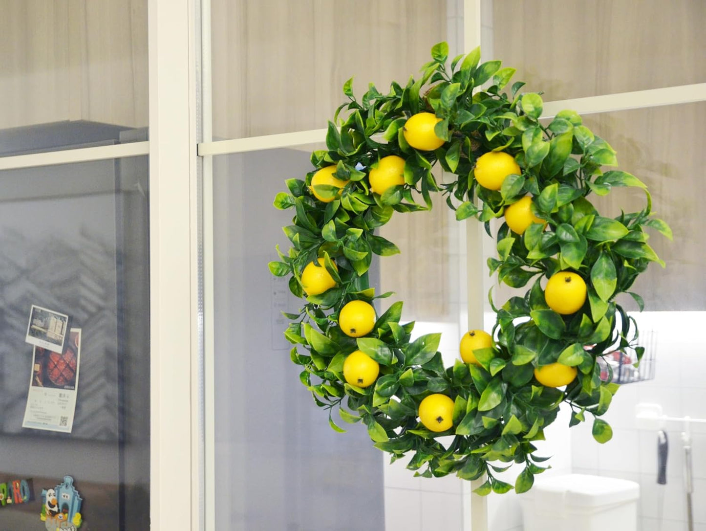 Mr. Bom 15 Inch Artificial Lemon Wreath - Boxwood for Front Door, Spring Summer Holiday Decoration, Indoor Outdoor Use