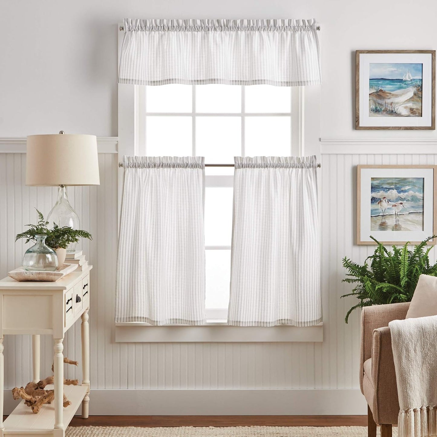 Martha Stewart Ticking Stripe 3-Piece Window Curtain Set - Valance and Tiers, White Grey