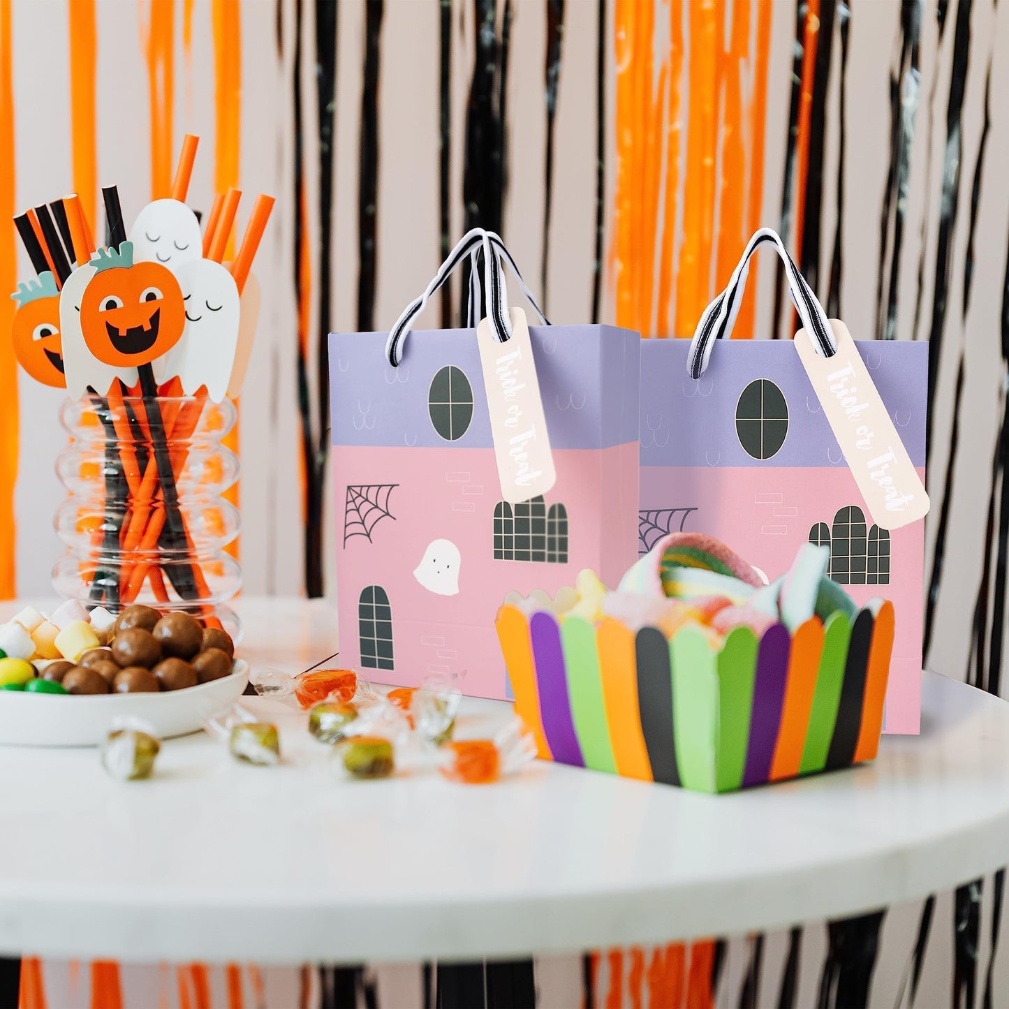 Cheerland Clearance Halloween Party Favor Paper Bags Pastel Pink Purple Hunted House Ghost Halloween Bags Trick or Treat Bag for Spooky Birthday Baby Shower Cosplay Christmas Bags Party Supplies