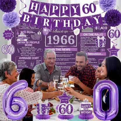 Crenics Purple 60th Birthday Decorations for Women - Back in 1966 Backdrop, Banner, Swirls, Centerpieces, Sash, Paper Pom Poms, Cake Topper and Balloons for 60 Birthday Party Supplies