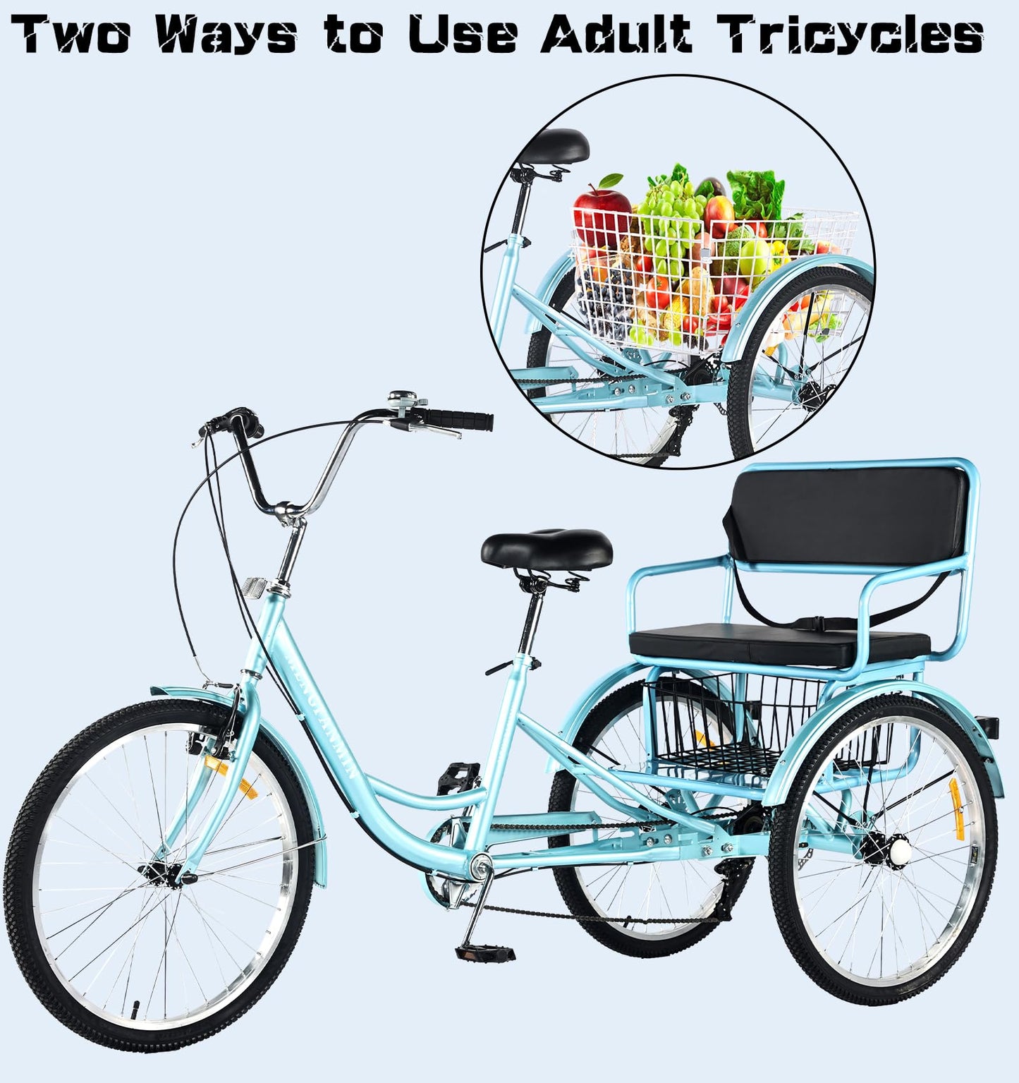 DONGSHAN Tricycle Adult Folding Bicycle Comfortable seat 3 Wheel Bicycle Rear Enlarged Vegetable Basket Double Chain 20/24in for Parents and Children Maximum Load 440lbs 7speed (24in-Blue)
