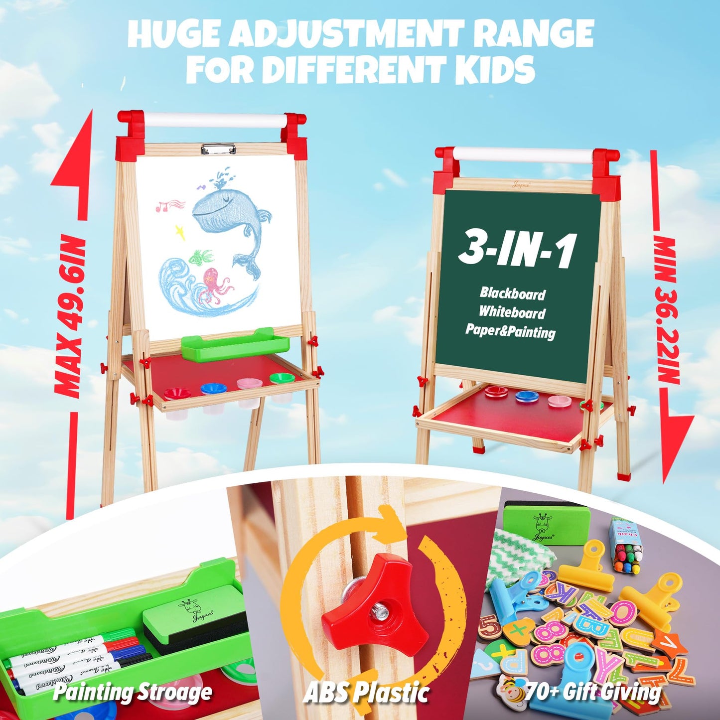 JOYOOSS Kids Wooden Easel with Paper Roll - Adjustable Magnetic Double Sided Drawing Board Whiteboard & Chalkboard Dry Easel Board,Children Art Easel for 3~12 Years Kids Boys Girls Painting Drawing
