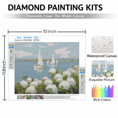 FOPENEM Nautical Sailboat Hydrangea Floral Diamond Painting Kit for Adults Beginners 9.8x11.8 Inch, Coastal Seaside Flower Gem Diamond Painting Art Kits for Home Beach House Wall Decor