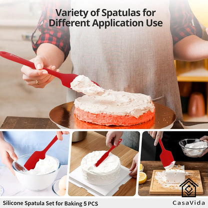 CasaVida 5pcs Silicone Spatula Set, Red High Heat Resistant Non Stick Kitchen Utensils for Baking