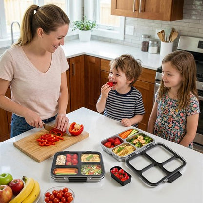 Eoika Stainless Steel Bento Box for Kids with Silicone Container, 4 Compartment Metal Lunch Box Kids Adults, Removable Silicone Seal & Clear Lid, Leak Proof Food Storage Container for MealBlack