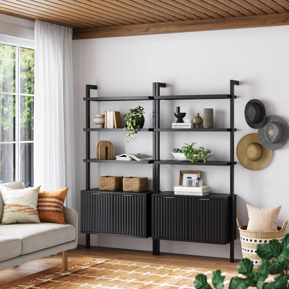 Nathan James Jasper 3-Shelf Solid Wood Boho Bookshelf, Wall Mounted Bookshelf with Cabinet with Fluted Doors, Black Oak, Set of 2
