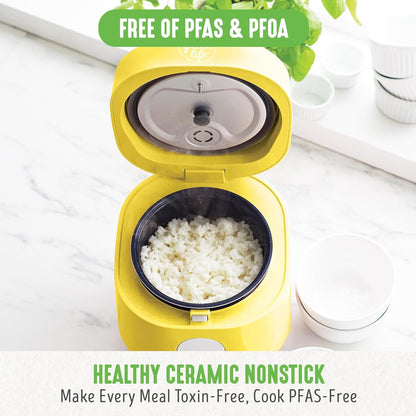 GreenLife 4-Cup Digital Rice Cooker, PFAS & PFOA-Free Removable Ceramic Pot, Healthy Cooking, Yellow