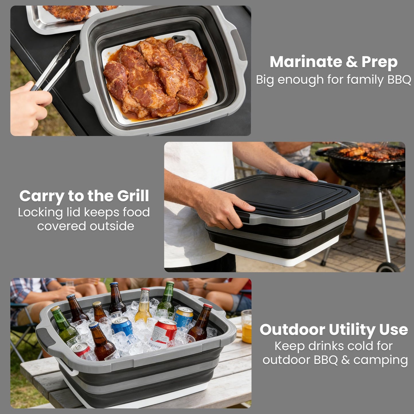 Collapsible BBQ Prep Tub with Lid, 4-Piece 16L Foldable Meal Prep & Marinating Container Set with Stainless Steel Tray, Tongs & Brush, Prep Surface for Food Cutting, Kitchen, Camping & Outdoor Cooking