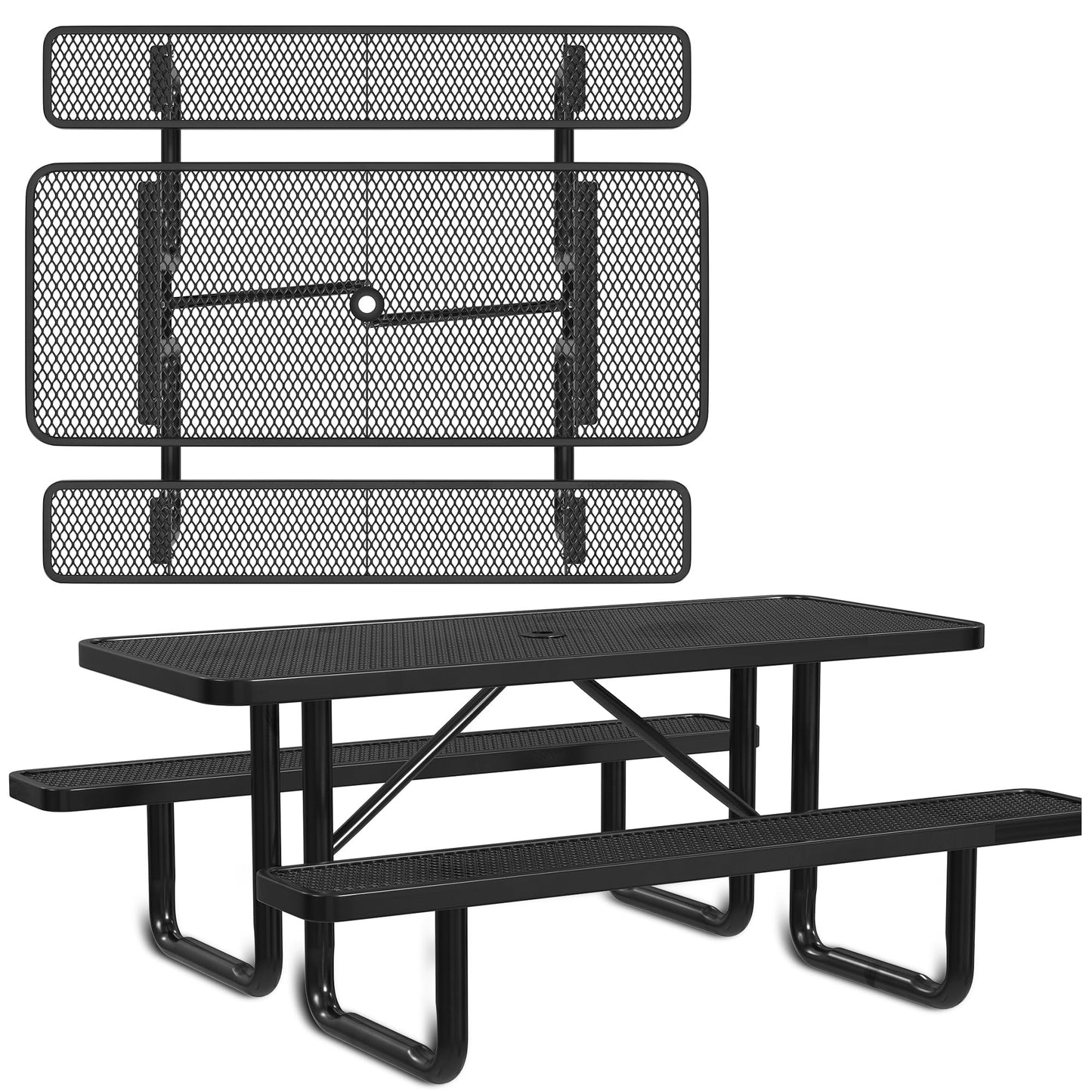 Leisure Craft Metal Picnic Table with Bench - 6 ft Rectangle Outdoor Dining Table for 6, Umbrella Hole, Weatherproof Heavy Duty Thermoplastic Coating, Commercial Grade Furniture Made in USA - Black