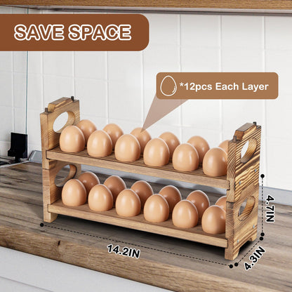 AOOHOOA Wooden Egg Holder Countertop, Stackable Wooden Egg Storage & Organizer, 2-Tier /24-Hole Farmhouse Eggs Rack Wood with Handle for Fresh Eggs to Store Chicken/Duck/Quail/Turkey/Easter Egg