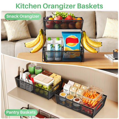2 Tier Fruit Basket Bowl for Kitchen Counter with 2 Banana Hangers, Countertop Metal Mesh Basket Stand Fruit Holder for Veggies Onion Potato Bread Snack, Black