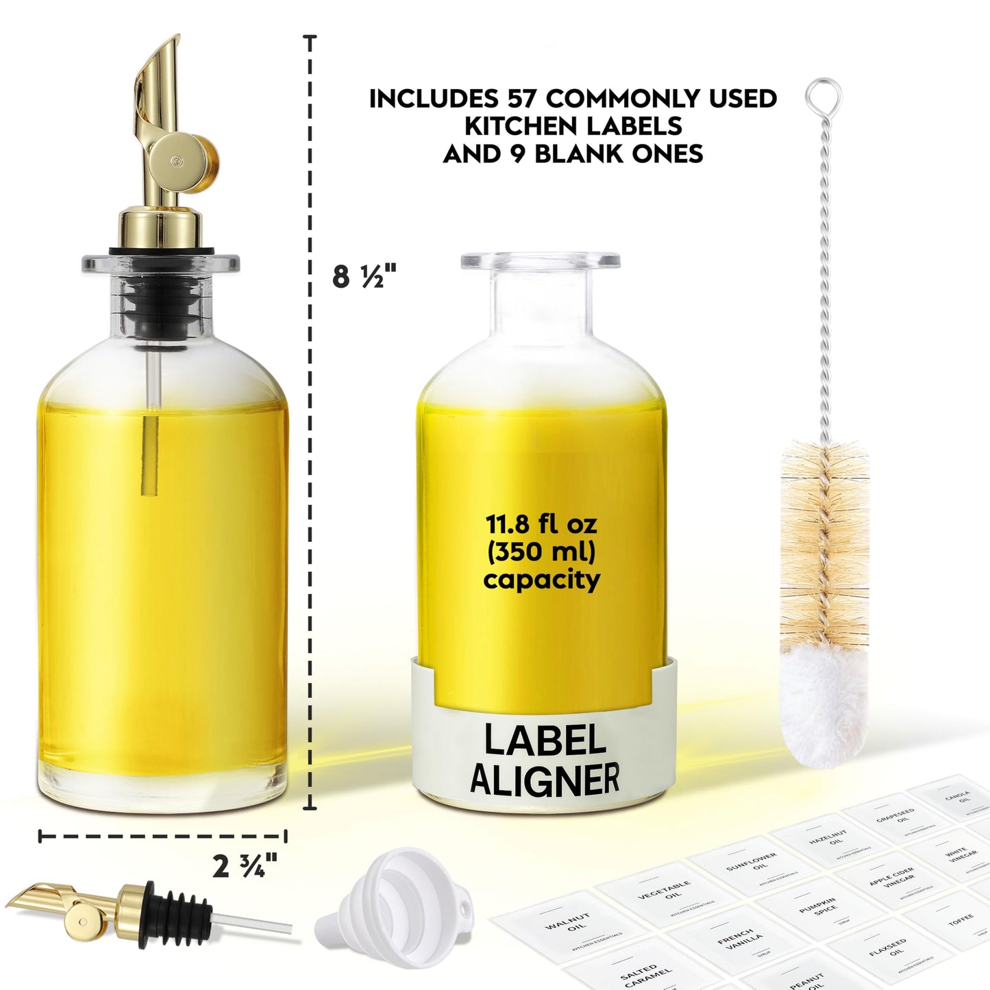 Spaceneat Oil Dispenser for Kitchen - Glass Olive Oil Bottle Set of 2 (11.8oz) with Gold Weighted Self-Closing Pourer - Cooking Oil Dispenser with 66 Labels, Aligner & Funnel
