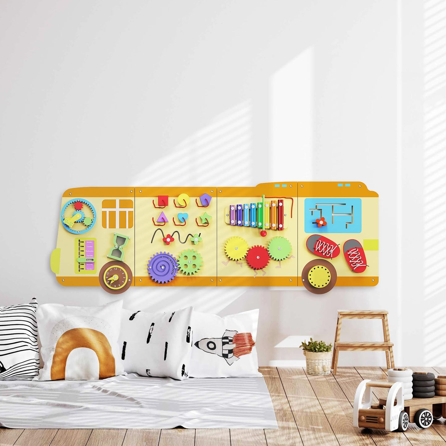 BlueWood 2024 8 in 1 Pikler Triangle Climbing Set, School Bus Wall Busy Board Panels