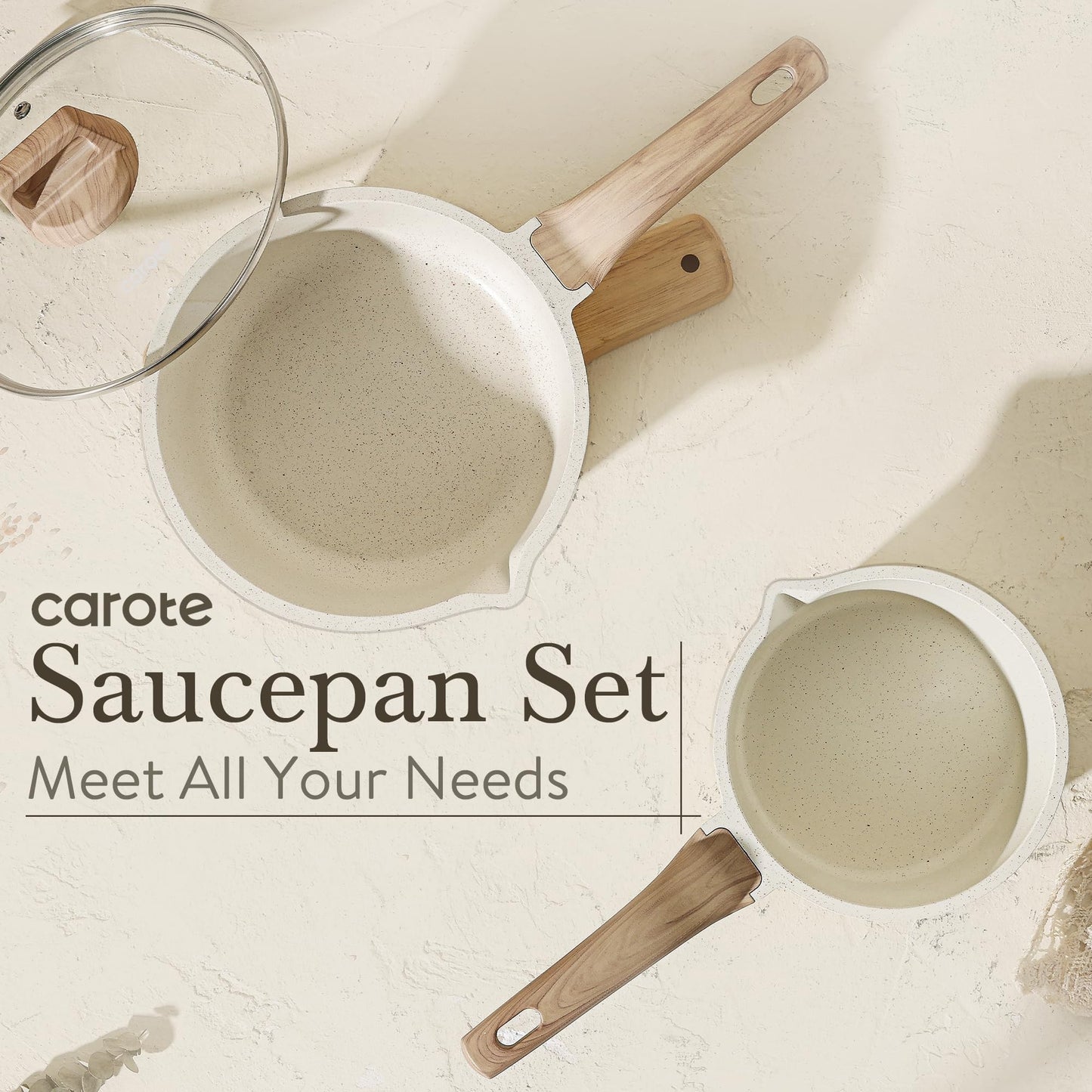 CAROTE 1.5Qt & 3.0Qt Sauce Pan Sets with Lid Cooking Pots Nonstick Saucepans Cookware Set with Pour Spout Small Kitchen Pot, Induction Comptable, Easy to Clean, PFOA FREE (White Granite)