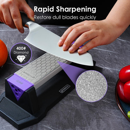 Grindance 3-Sided Diamond Sharpening Stone 400/1000/8000 Grit Whetstone with Angle Guide, Non-Slip Base, Leather Strop & Glove Premium Knife Sharpener for Kitchen, Hunting & Outdoor