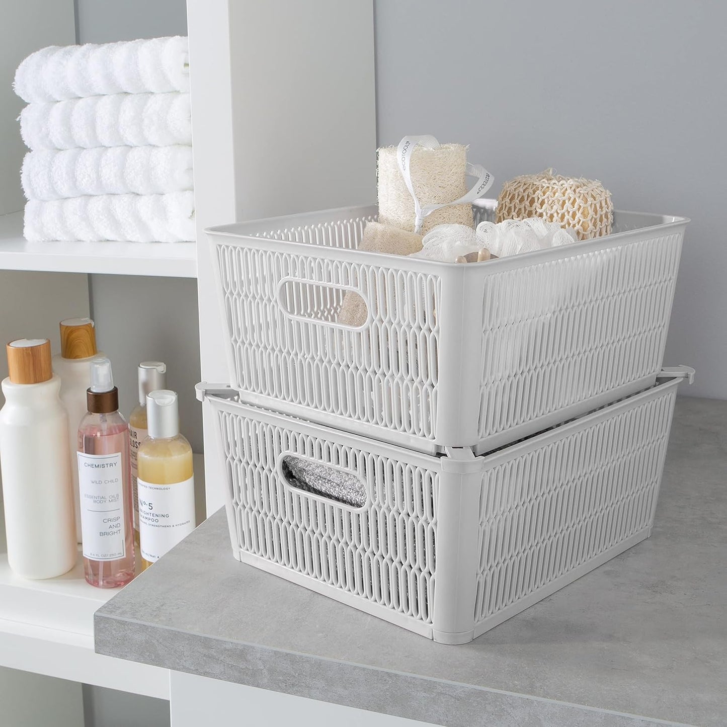 Simplify 2Pk Large Slide Stack It Tote Basket, Open Bins for Storage & Organization, Bathroom, Crafts, Office (Grey)