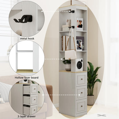 Havemies 73 Inch Media Storage Cabinet with Integrated Organization System, Antique White Slim Design Features 3 Drawers and Hooks for CD DVD and Game Console Display