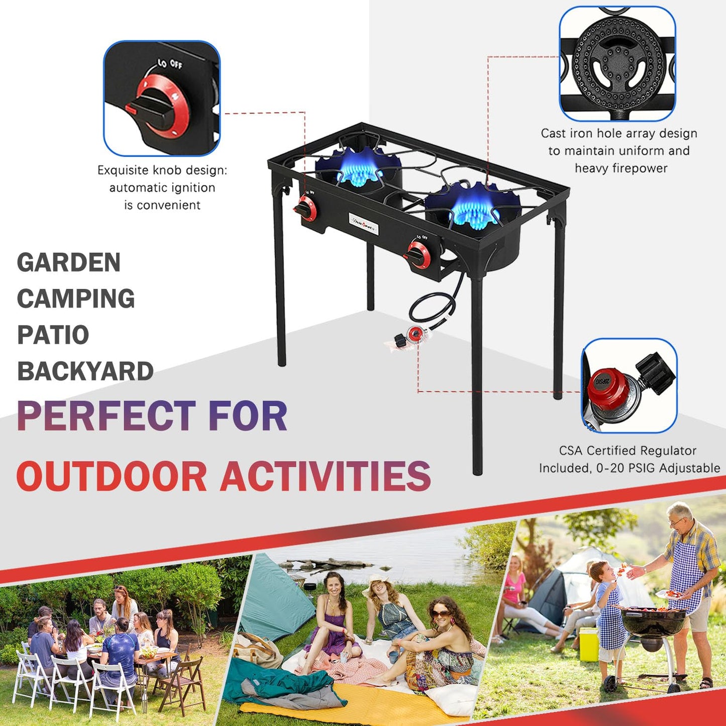 Vivicreate High Pressure Propane Gas Outdoor Camping BBQ Grill Stove Burner Estufas de Gas para Cocinar Afuera Es gas propano Regulator 20 PSIG
