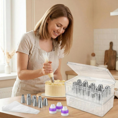 29 Pcs Russian Piping Tips Set with 2 Pcs Piping Tip Organizer, 12 Flower Frosting Nozzles Icing Tips, Leaf Tips, Couplers and Pastry Bags, Complete Cake Decorating Kit and Baking Tool Storage