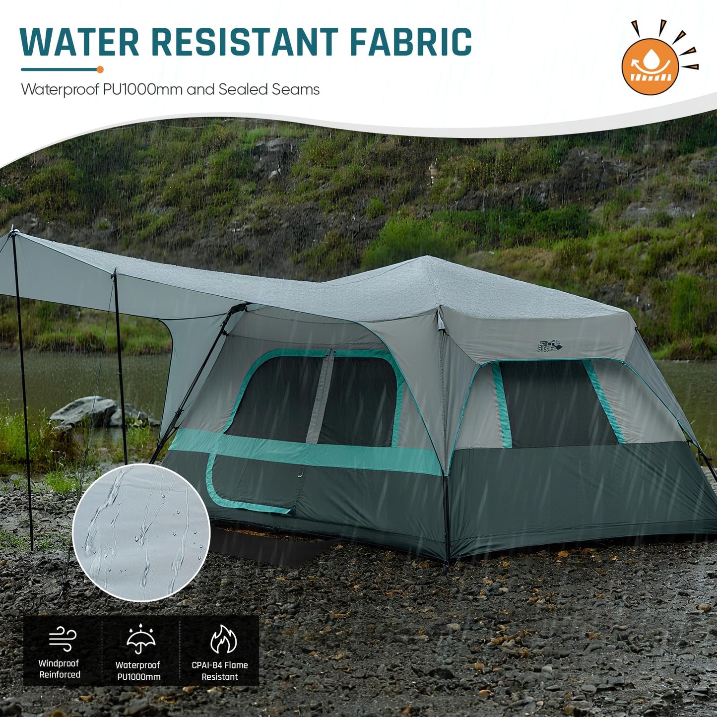 Camping Tent, Instant Cabin Tents for Camping, 8-Person Family Tent, Easy Setup in 60 Seconds with Porch, Large Waterproof Tents for Outdoor Camping, 5 Mesh Windows, Upgraded Ventilation (Green)