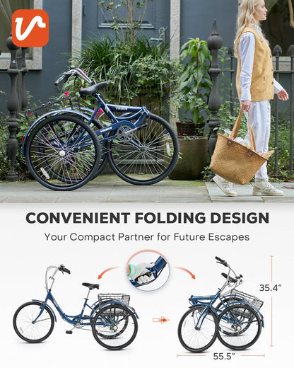 VIRIBUS Folding Tricycle for Adults, 7 Speed Foldable Adult Tricycle with Removable Wheeled Basket, Folding 3 Wheel Bikes for Adults Men Male Seniors 26 inch, Collapsible Trike 330 LB. Blue