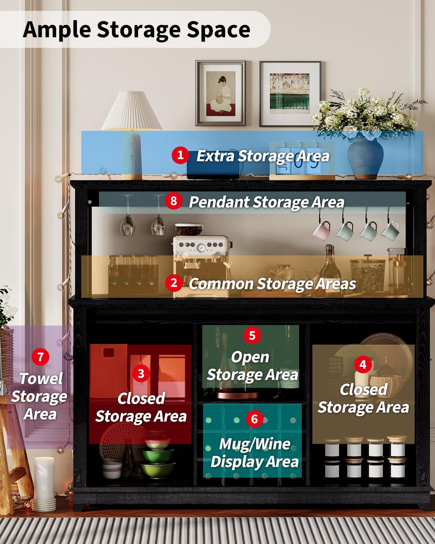 IDEALHOUSE 55" Farmhouse Coffee Bar Cabinet with Power Outlet & LED Light - Sliding Barn Door Buffet with Removable Wine Rack, 2-Tier Drawers, for Kitchen, Dining & Living Room, Black