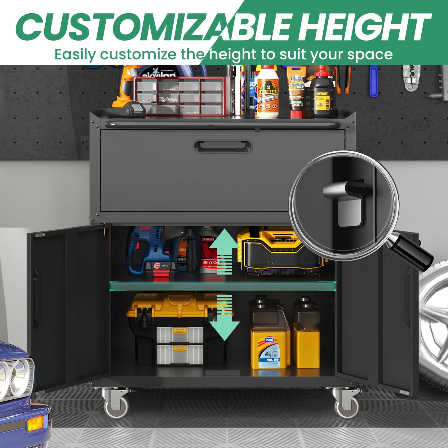 VIYET Metal Tool Cabinet,Garage Storage Cabinet System,Wall Cabinet & Locking Rolling Tool Cabinet with Doors and Adjustable Shelves,Steel Tool Cabinets for Home