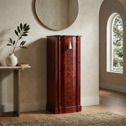Hives and Honey Robyn Standing, Locking Antique Organizer with Mirror, 8 Drawers, Necklace Hooks, Anti-Tarnish Lining, Fully Assembled, Solid Wood Jewelry Armoire, 38"H x 14"W x 10"D, Cherry