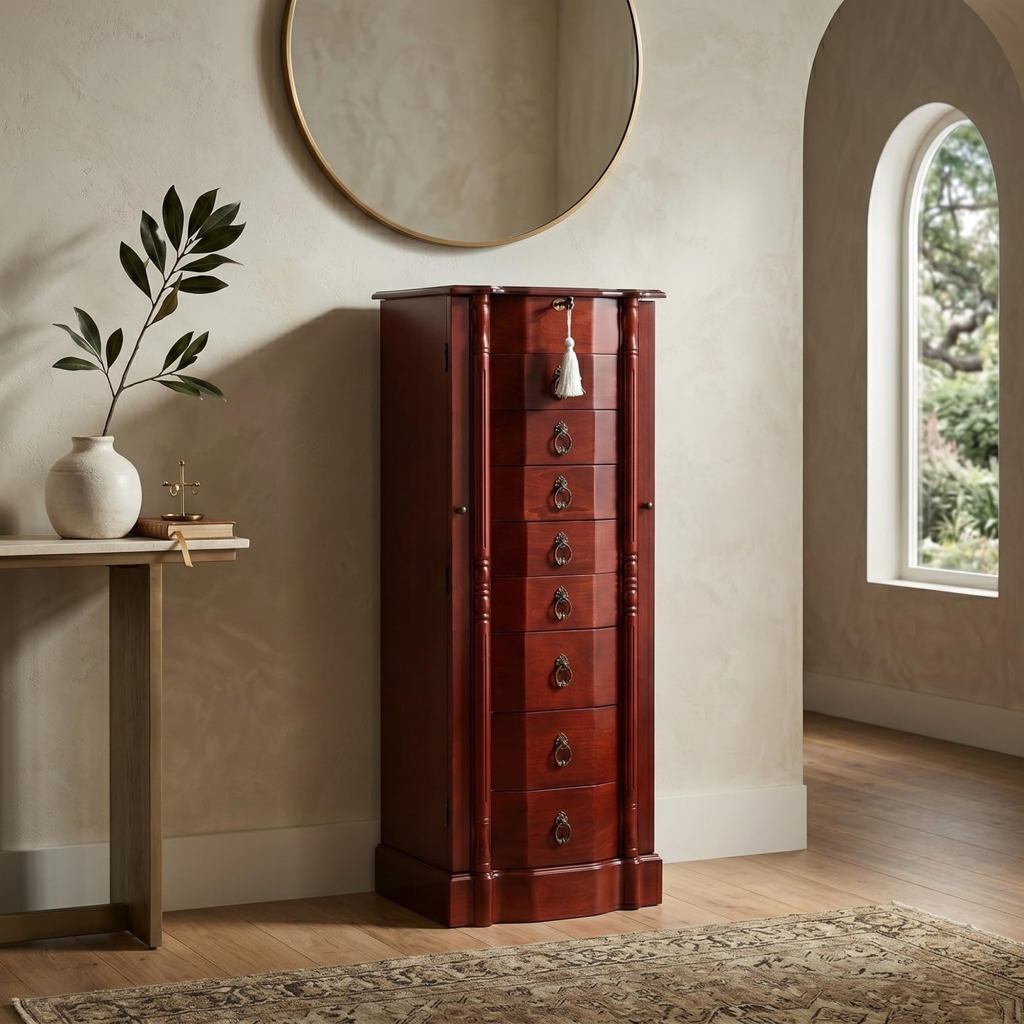 Hives and Honey Sheffield Traditional Standing Jewelry Armoire Cabinet, Antique Locking Storage Organizer with Mirror, 8 Drawers, Necklace Hooks, Anti-Tarnish Lining, Cherry